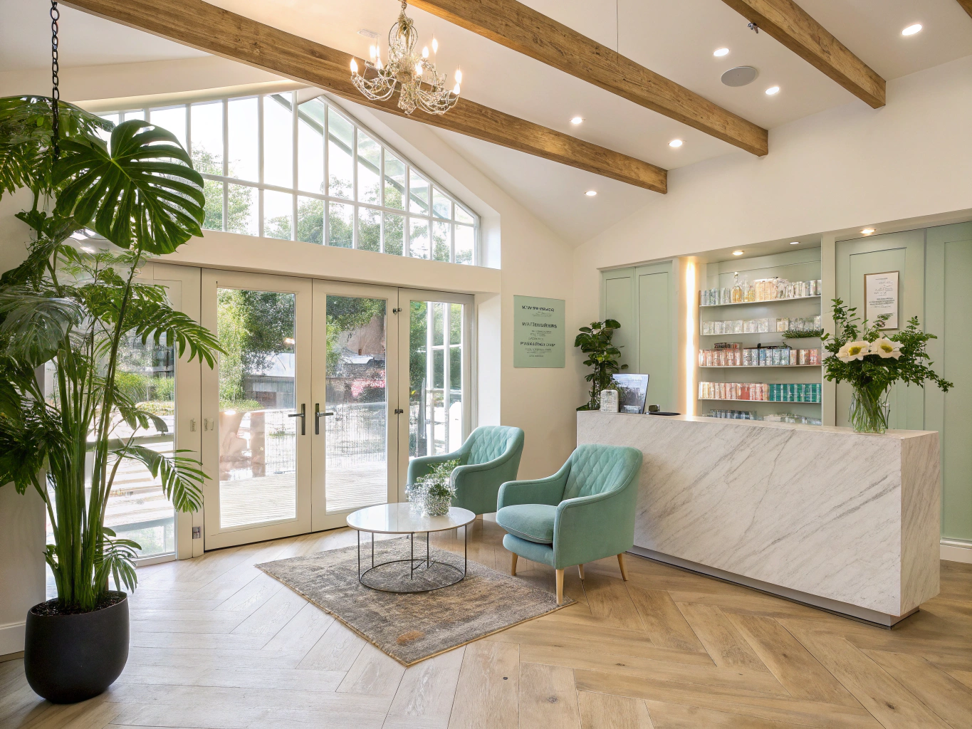 Warm sunlit boutique hair salon interior with natural wood and minimal styling stations