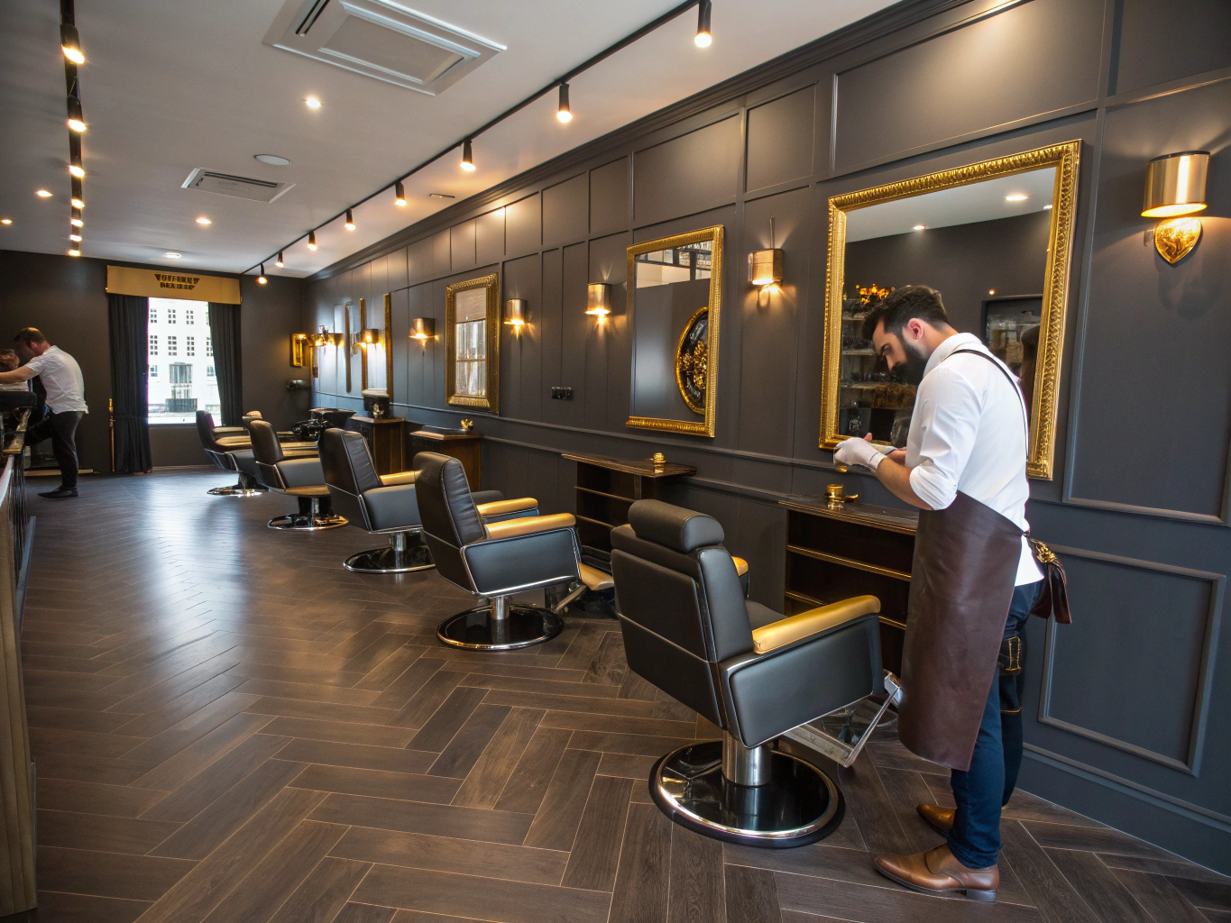 Warm and stylish modern barbershop interior with barber chair and grooming tools