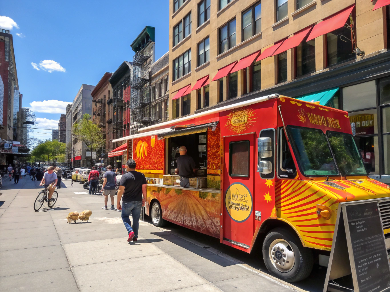 Artisan gourmet street vendor food truck serving food with branded packaging