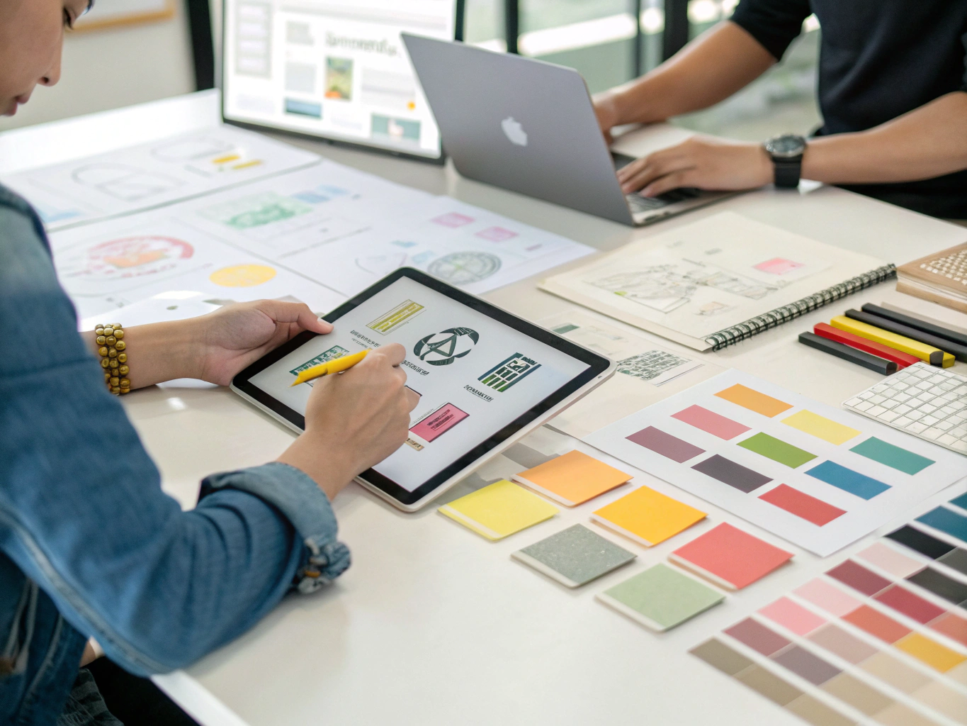 Designers reviewing printed brand guidelines and typography specimens on a studio concrete table in daylight